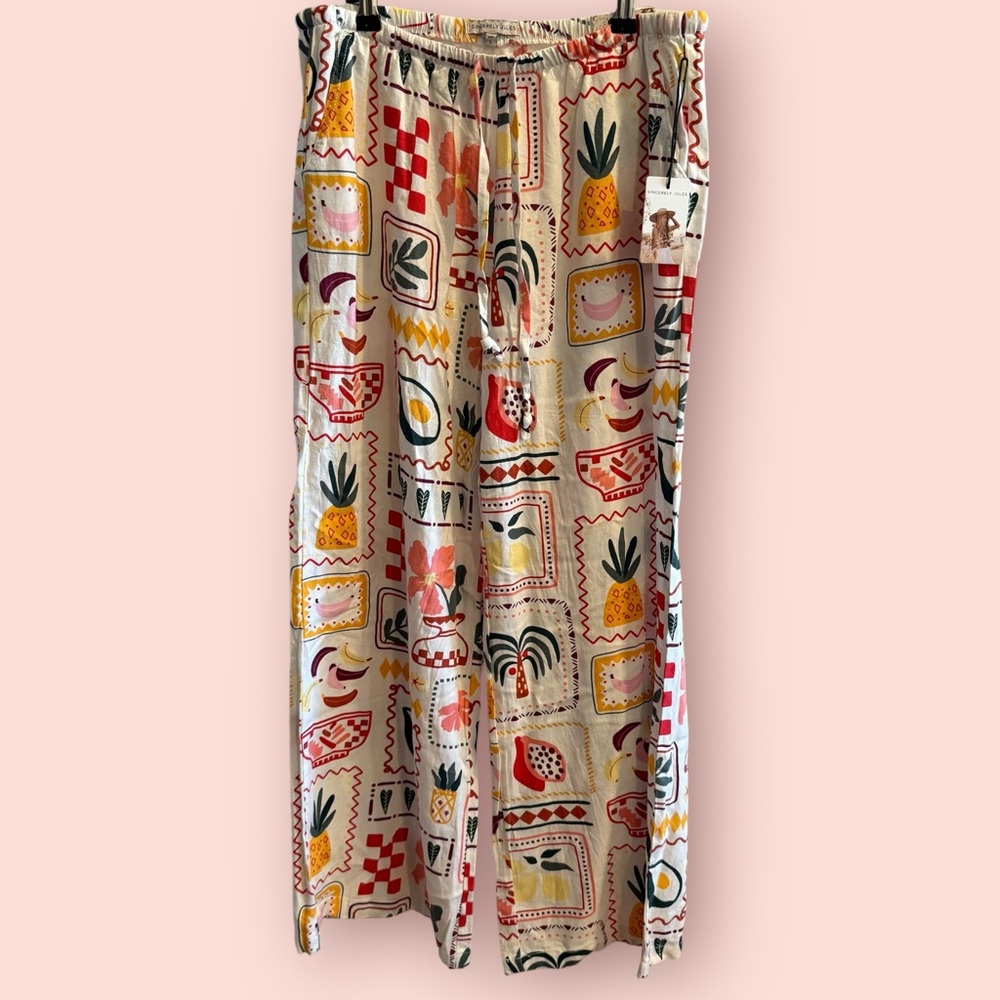 NWT Sincerely Jules Fruit Print Wide Leg Pants Linen Blend Low Rise Vacation